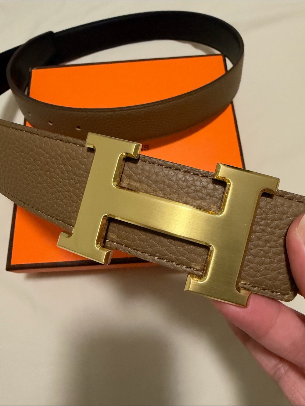 H Buckle Belt Taupe with Gold Hardware